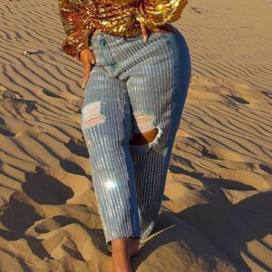 Patrick Starr Fashion to Figure Turn Up High Rise Rhinestone Jeans Sze 14